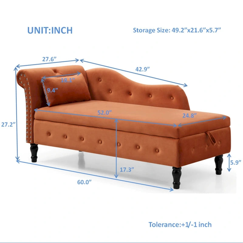 Orange Modern 60 Velvet Upholstered Buttons Tufted Chaise Lounge Chair with Solid Wood Legs and Storage