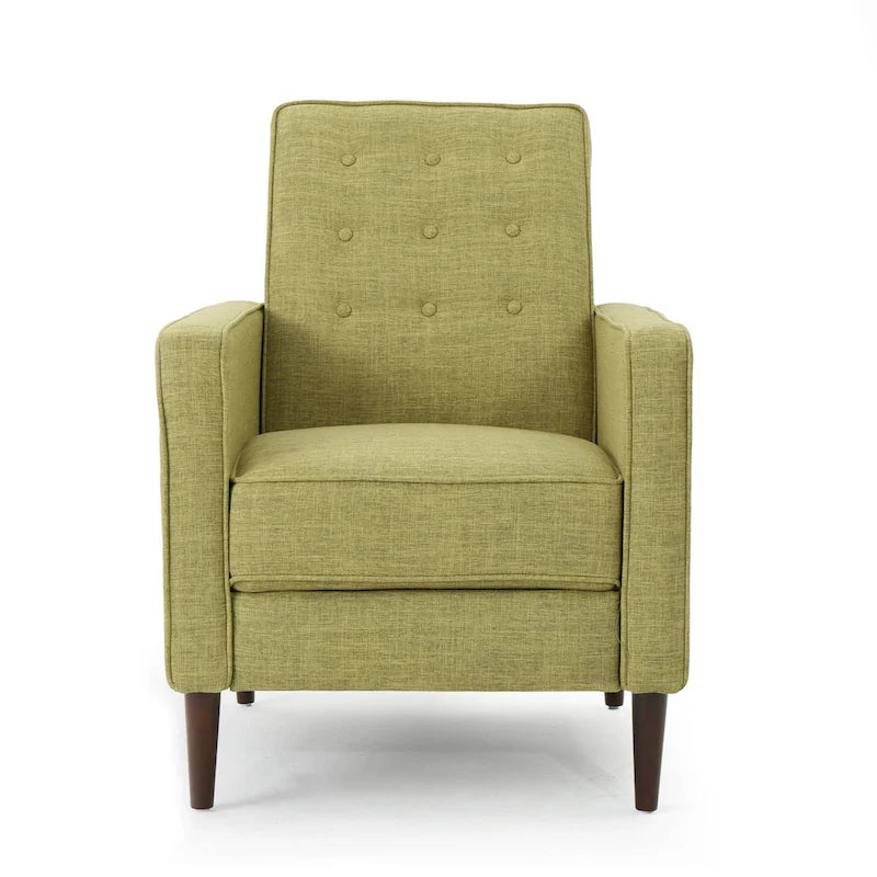 Green Fabric Mid-Century Upholstered Push Back Recliner with Footrest, Button-tufted Backrest, Beech Wood Legs