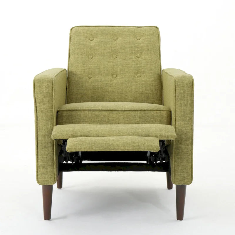 Green Fabric Mid-Century Upholstered Push Back Recliner with Footrest, Button-tufted Backrest, Beech Wood Legs