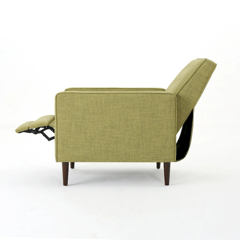 Green Fabric Mid-Century Upholstered Push Back Recliner with Footrest, Button-tufted Backrest, Beech Wood Legs