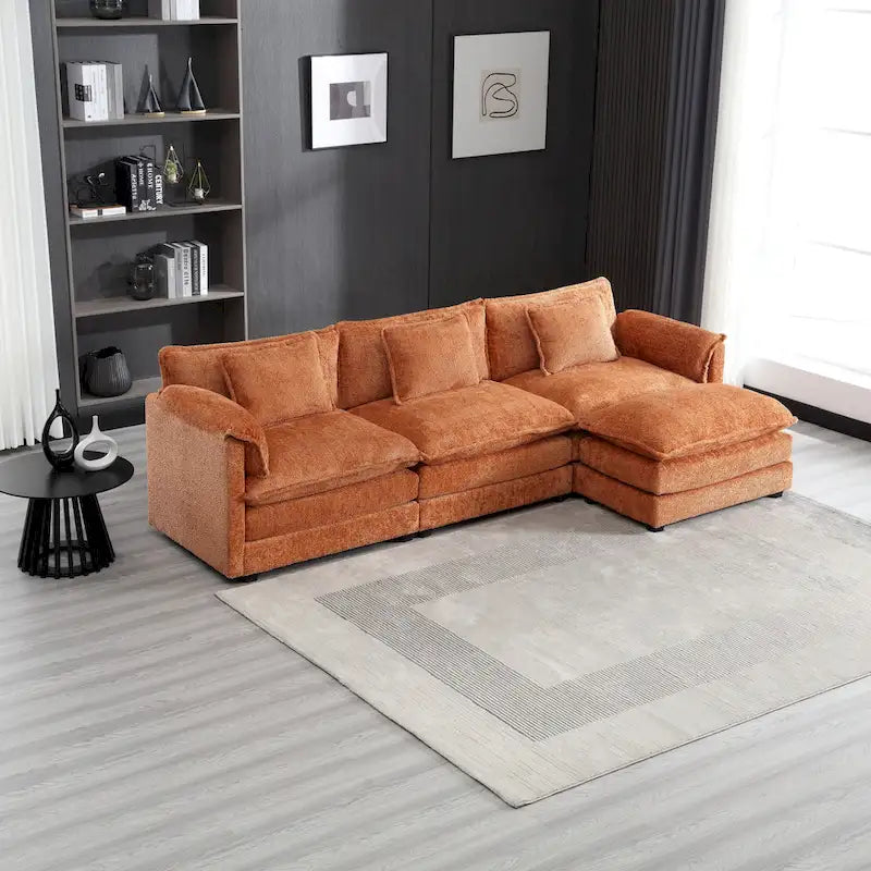 Orange 112.2 L-Shaped 4-Seat Sectional Sofa in Modern Boucle Fabric with Removable Cushions and Detachable Armrests