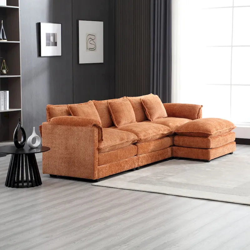 Orange 112.2 L-Shaped 4-Seat Sectional Sofa in Modern Boucle Fabric with Removable Cushions and Detachable Armrests