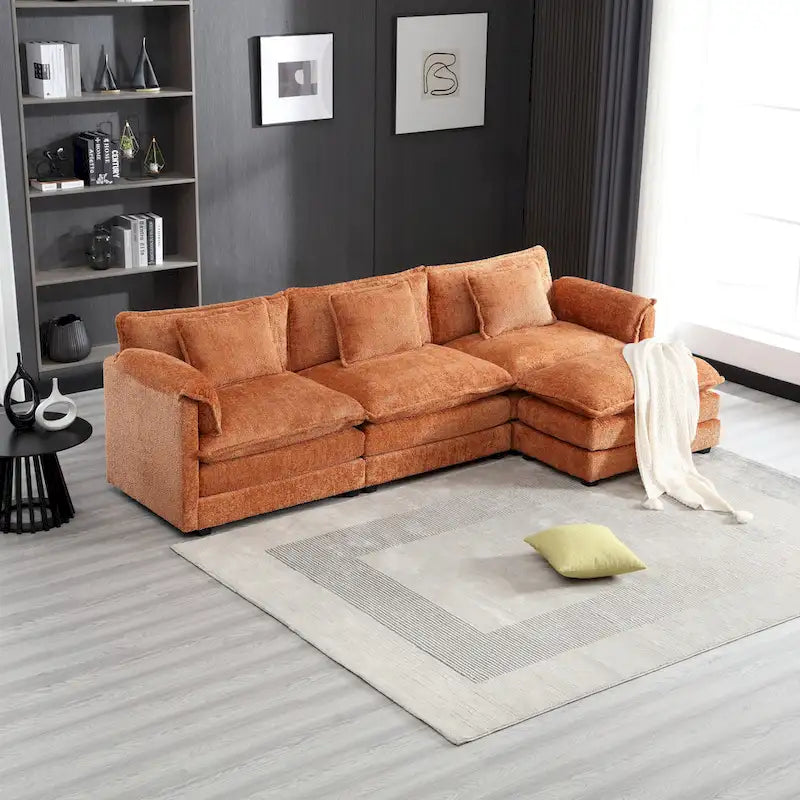 Orange 112.2 L-Shaped 4-Seat Sectional Sofa in Modern Boucle Fabric with Removable Cushions and Detachable Armrests
