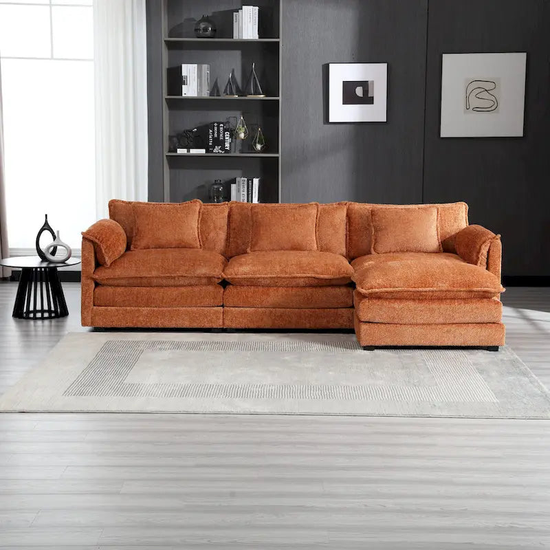 Orange 112.2 L-Shaped 4-Seat Sectional Sofa in Modern Boucle Fabric with Removable Cushions and Detachable Armrests