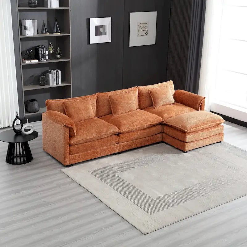 Orange 112.2 L-Shaped 4-Seat Sectional Sofa in Modern Boucle Fabric with Removable Cushions and Detachable Armrests