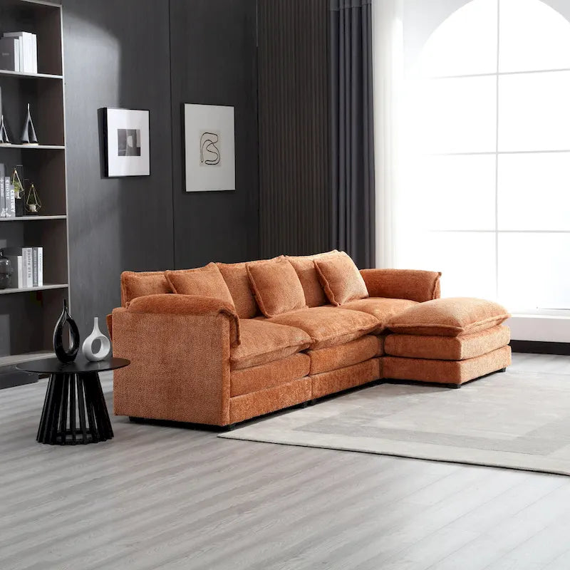 Orange 112.2 L-Shaped 4-Seat Sectional Sofa in Modern Boucle Fabric with Removable Cushions and Detachable Armrests
