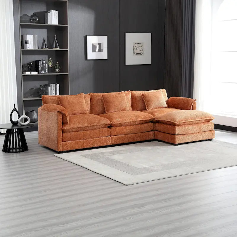 Orange 112.2 L-Shaped 4-Seat Sectional Sofa in Modern Boucle Fabric with Removable Cushions and Detachable Armrests