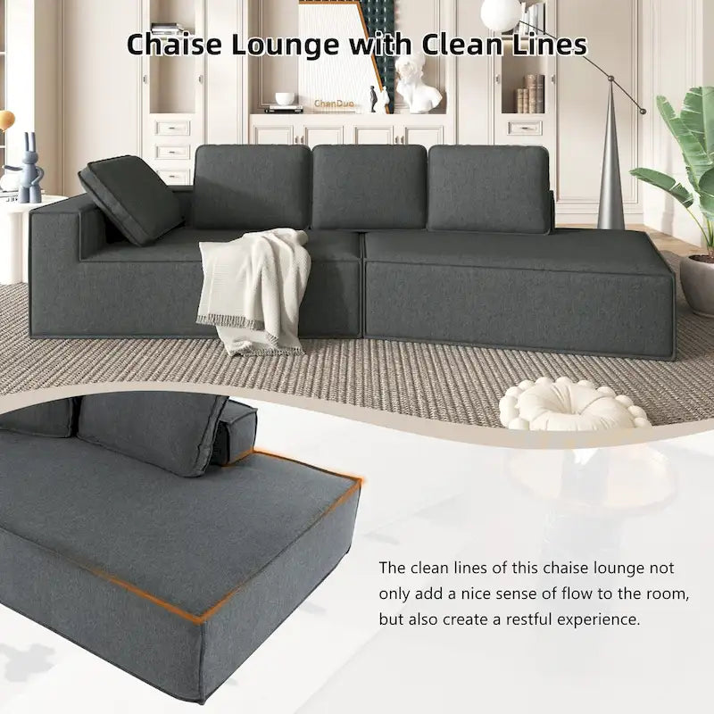 Grey 125 Modern 4-Seat Chaise Lounge Sofa for Living Room Relaxation, Indoor Sleeper