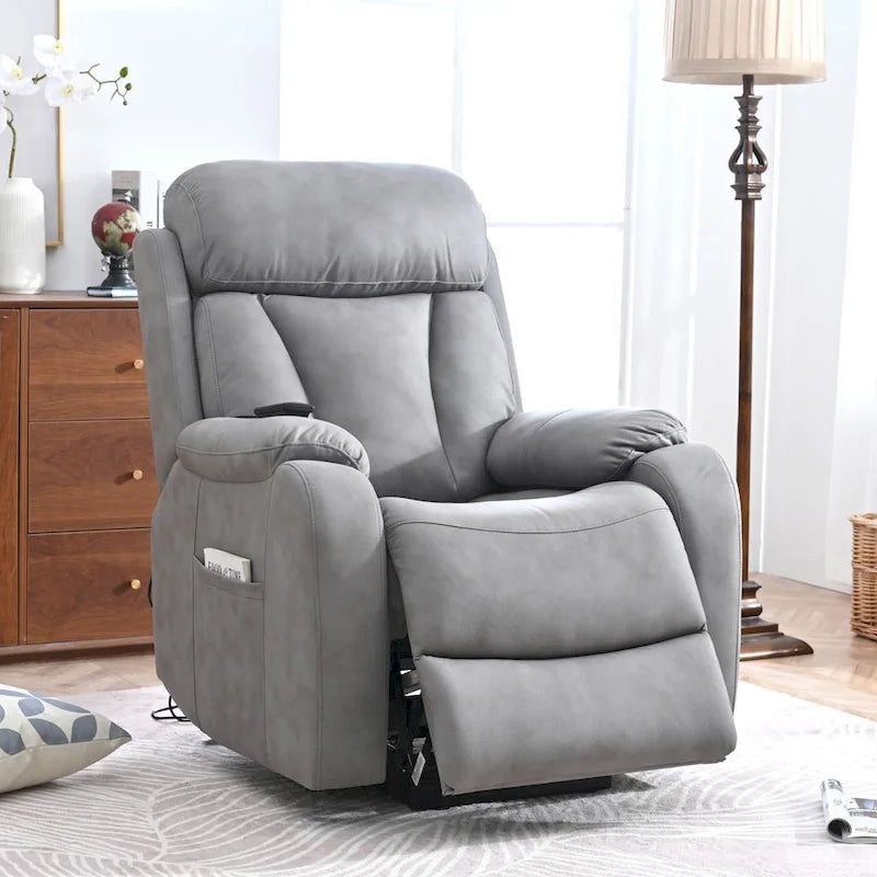 Grey Fabric Power Lift Recliner Chair for Elderly, with Remote Control, Overstuffed Cushion, Side Pocket, and Heavy-Duty Frame
