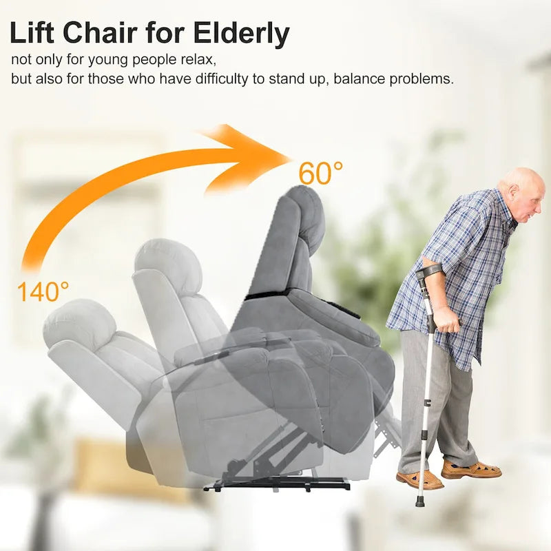 Grey Fabric Power Lift Recliner Chair for Elderly, with Remote Control, Overstuffed Cushion, Side Pocket, and Heavy-Duty Frame