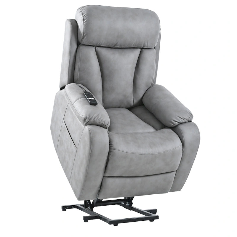 Grey Fabric Power Lift Recliner Chair for Elderly, with Remote Control, Overstuffed Cushion, Side Pocket, and Heavy-Duty Frame