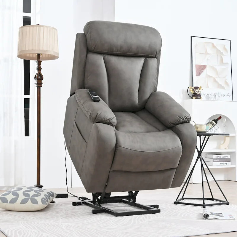 Grey Fabric Power Lift Recliner Chair for Elderly, with Remote Control, Overstuffed Cushion, Side Pocket, and Heavy-Duty Frame