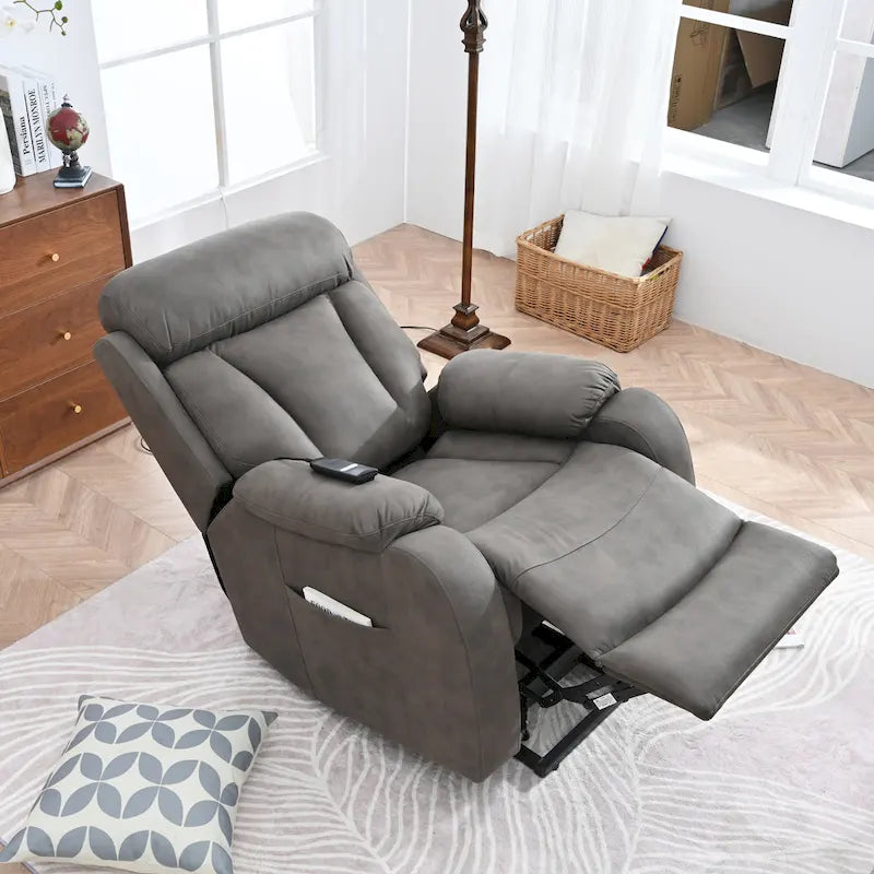 Grey Fabric Power Lift Recliner Chair for Elderly, with Remote Control, Overstuffed Cushion, Side Pocket, and Heavy-Duty Frame