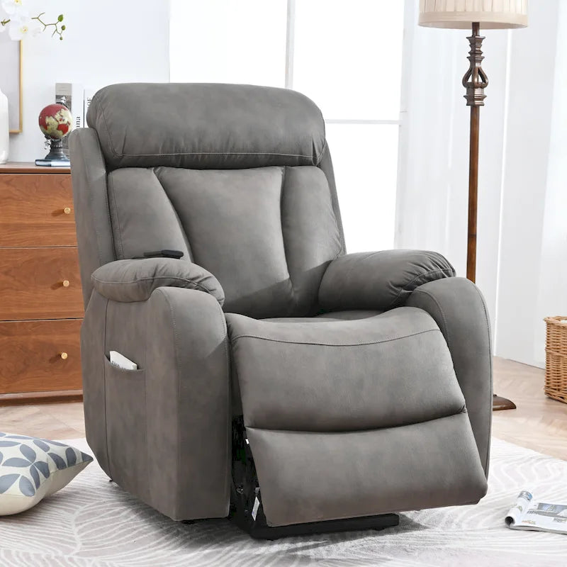 Grey Fabric Power Lift Recliner Chair for Elderly, with Remote Control, Overstuffed Cushion, Side Pocket, and Heavy-Duty Frame