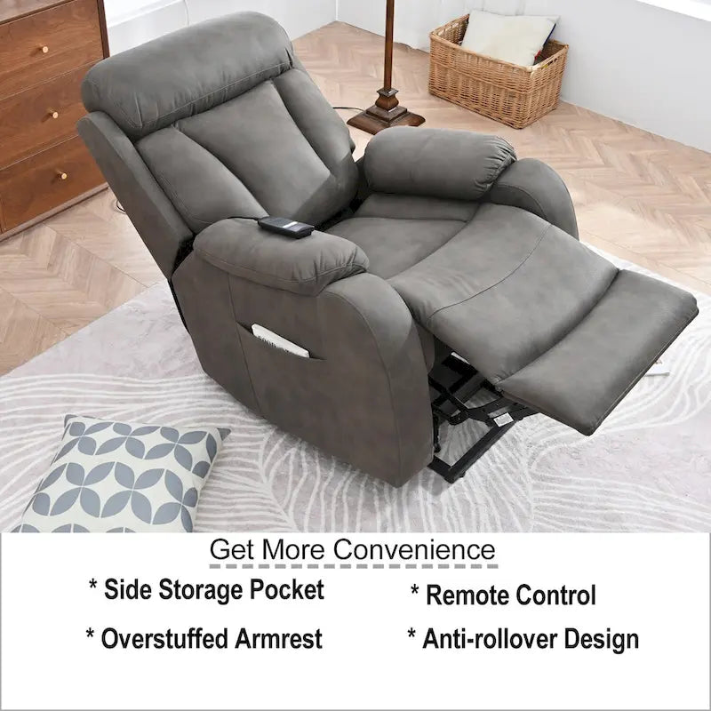 Grey Fabric Power Lift Recliner Chair for Elderly, with Remote Control, Overstuffed Cushion, Side Pocket, and Heavy-Duty Frame