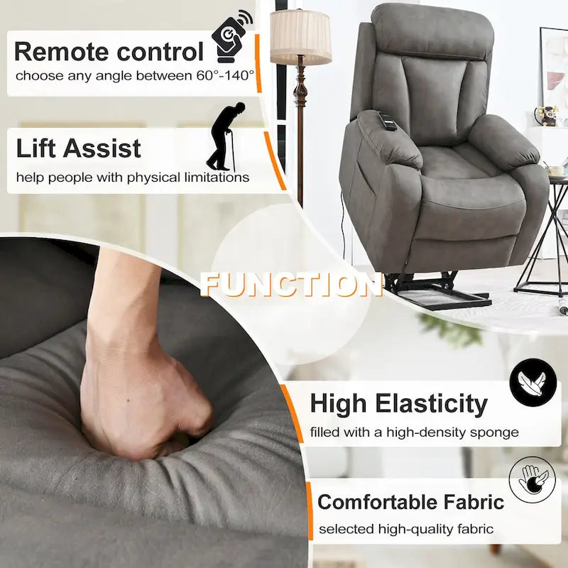 Grey Fabric Power Lift Recliner Chair for Elderly, with Remote Control, Overstuffed Cushion, Side Pocket, and Heavy-Duty Frame