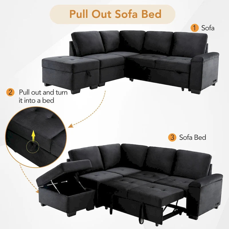 84.75 L-Shape 5 Seat Sectional Sofa with Pull-Out Bed, Storage Ottoman, Hidden Arm Storage & USB Charging