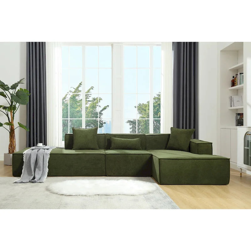 Green 129.5 Minimalist Modular L-Shaped 4 Seater Sectional Sofa Set with Chaise, Versatile Free-Combination Design