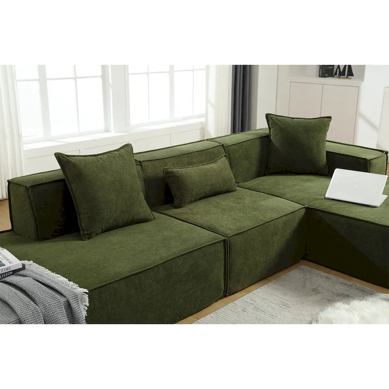 Green 129.5 Minimalist Modular L-Shaped 4 Seater Sectional Sofa Set with Chaise, Versatile Free-Combination Design