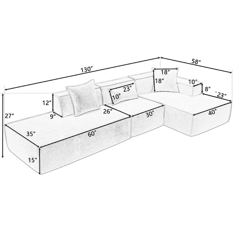 Green 129.5 Minimalist Modular L-Shaped 4 Seater Sectional Sofa Set with Chaise, Versatile Free-Combination Design