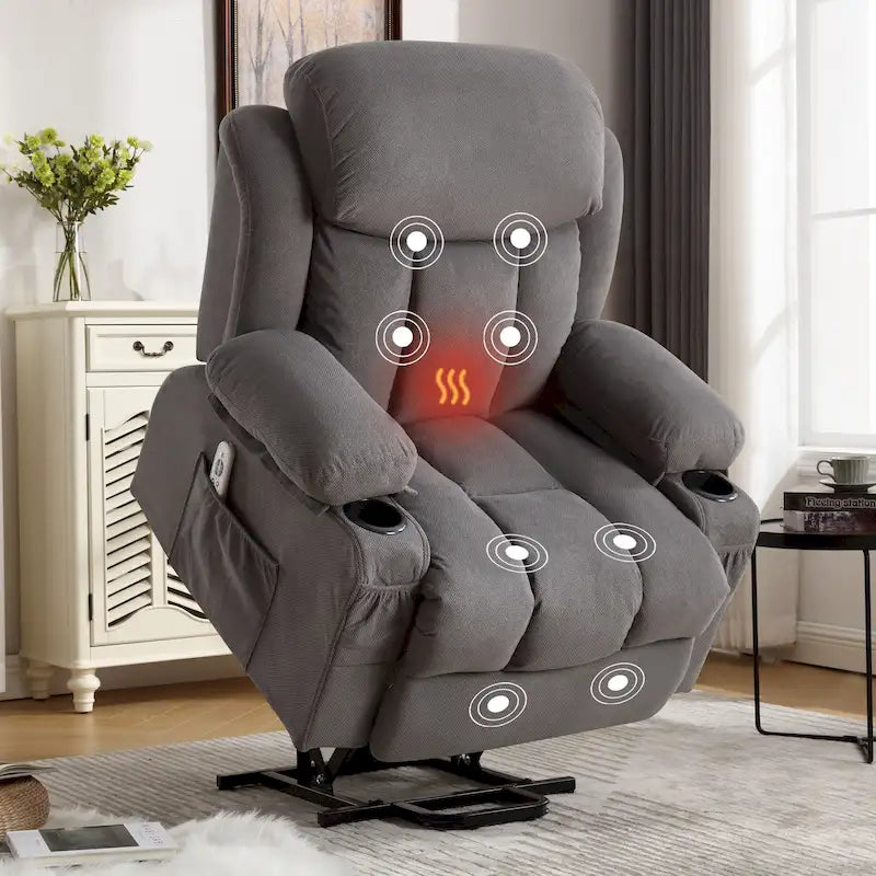 Grey Electric Power Lift Recliner featuring Heating, Massage, USB Port, Side Pockets, and Remote Control Functionality