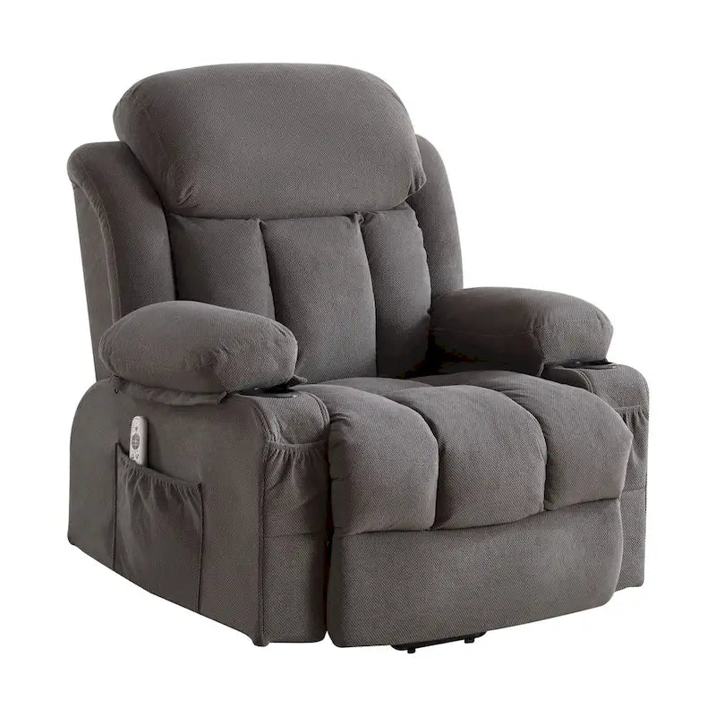 Grey Electric Power Lift Recliner featuring Heating, Massage, USB Port, Side Pockets, and Remote Control Functionality