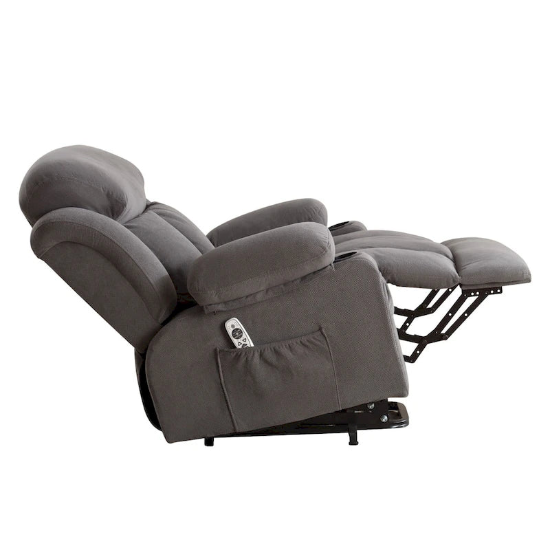 Grey Electric Power Lift Recliner featuring Heating, Massage, USB Port, Side Pockets, and Remote Control Functionality