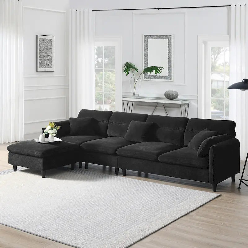 110 Modern L-Shaped Convertible 5-Seat Sectional Sofa with Removable Ottoman and 5 Cushions, Plush Chenille Fabric