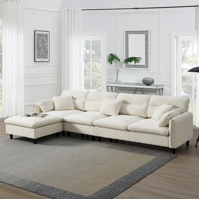 110 Modern L-Shaped Convertible 5-Seat Sectional Sofa with Removable Ottoman and 5 Cushions, Plush Chenille Fabric