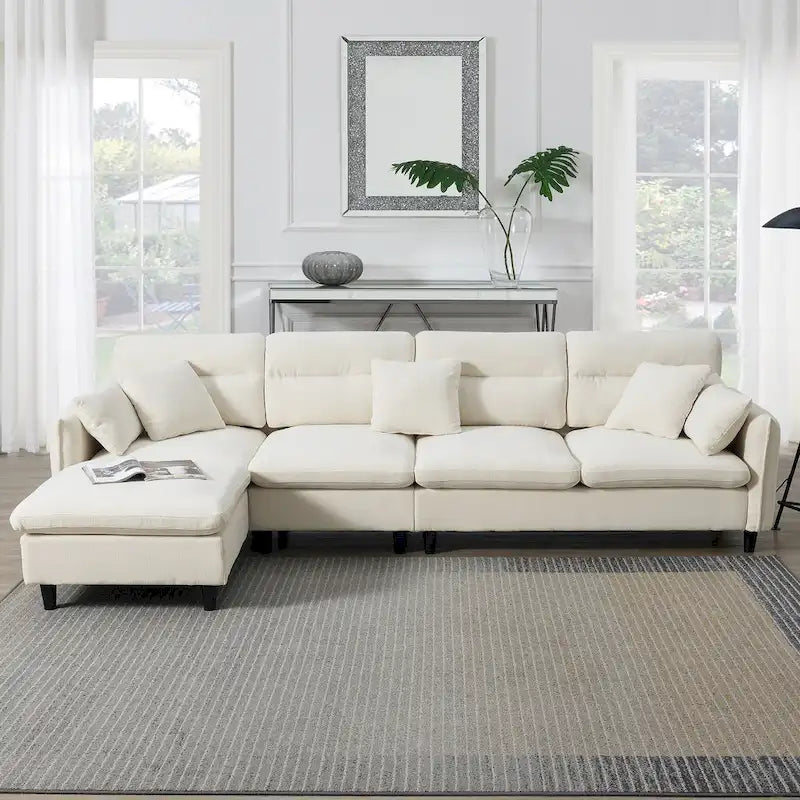 110 Modern L-Shaped Convertible 5-Seat Sectional Sofa with Removable Ottoman and 5 Cushions, Plush Chenille Fabric