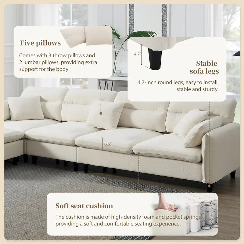 110 Modern L-Shaped Convertible 5-Seat Sectional Sofa with Removable Ottoman and 5 Cushions, Plush Chenille Fabric