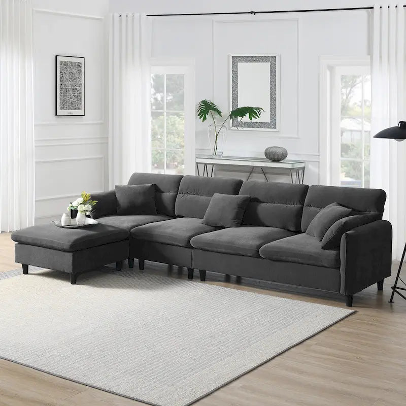 110 Modern L-Shaped Convertible 5-Seat Sectional Sofa with Removable Ottoman and 5 Cushions, Plush Chenille Fabric
