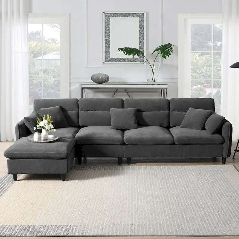 110 Modern L-Shaped Convertible 5-Seat Sectional Sofa with Removable Ottoman and 5 Cushions, Plush Chenille Fabric