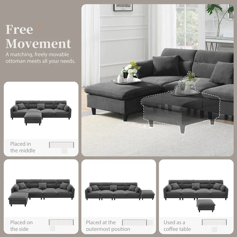 110 Modern L-Shaped Convertible 5-Seat Sectional Sofa with Removable Ottoman and 5 Cushions, Plush Chenille Fabric