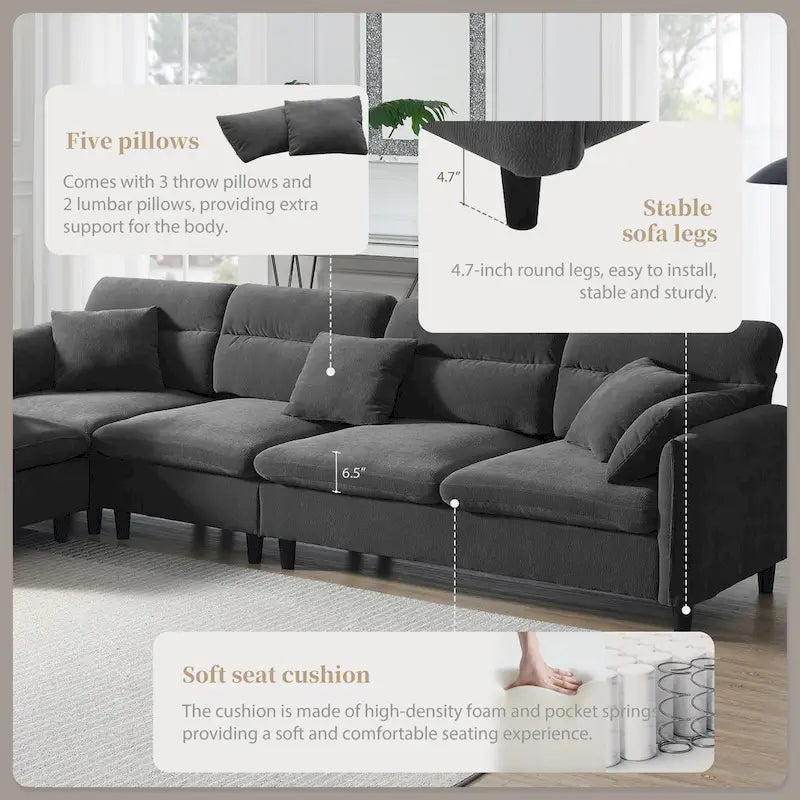 110 Modern L-Shaped Convertible 5-Seat Sectional Sofa with Removable Ottoman and 5 Cushions, Plush Chenille Fabric