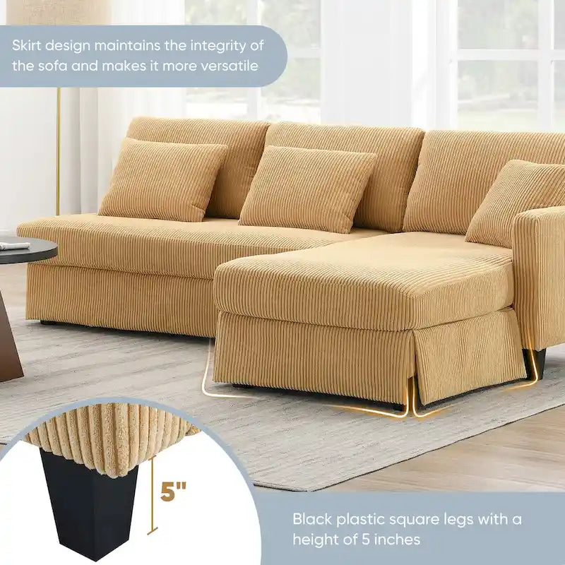 Yellow 87 L-Shaped 3-Seater Sofa with Reversible Chaise and 3 Cushions, Space-Saving Design for Living Room