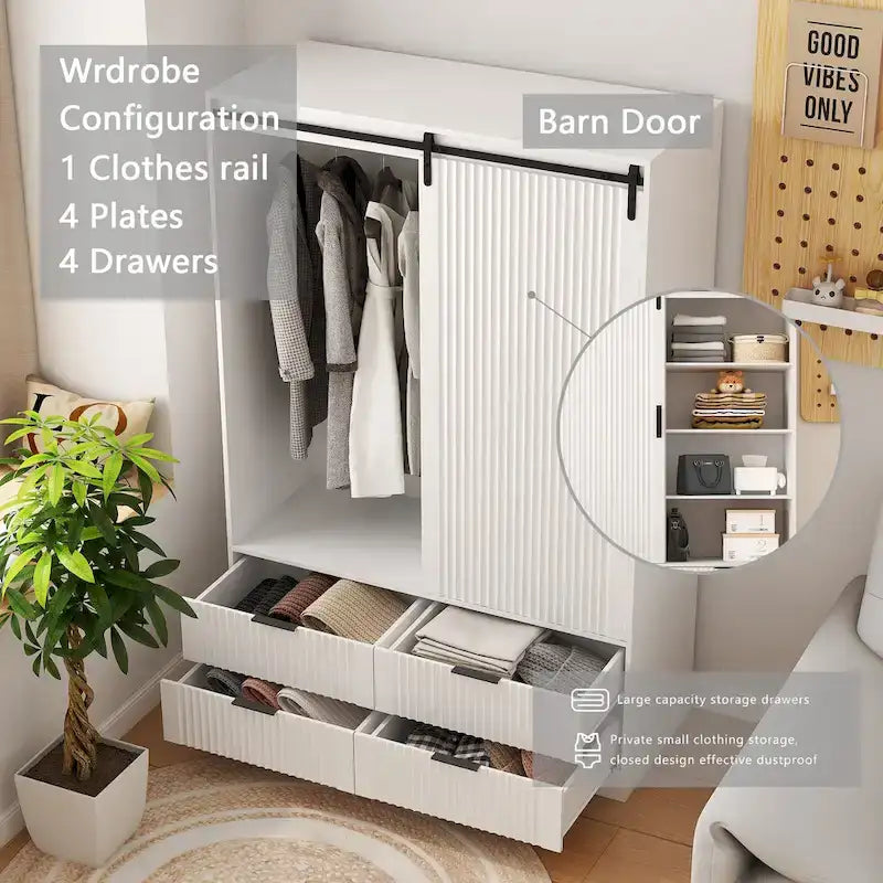 47.24 Modern Armoire with with Hanging Rod, Drawers and Open Shelves for Bedroom