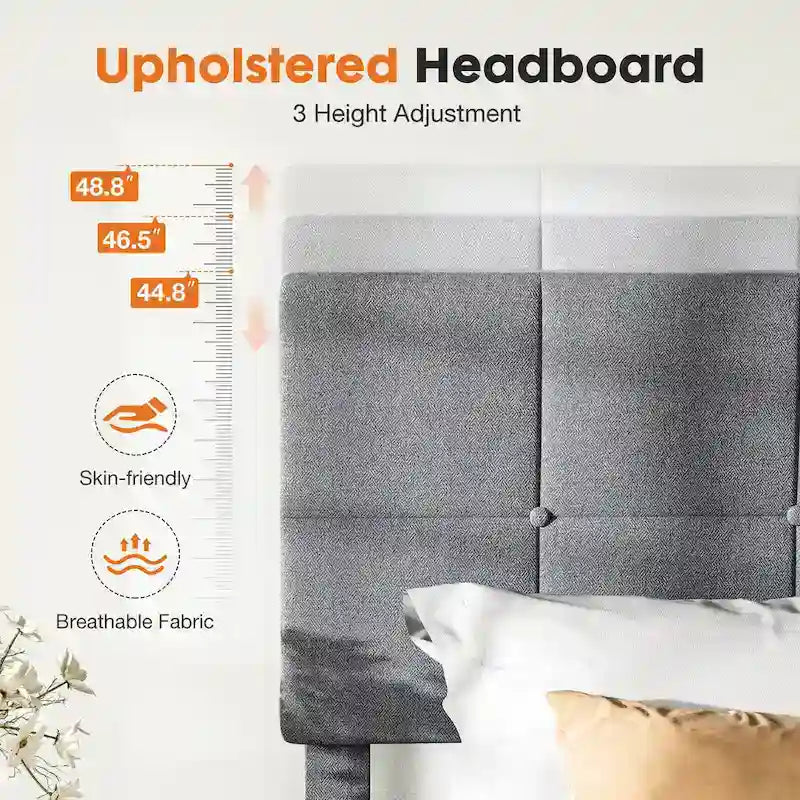 Linen Upholstered Platform Bed with Adjustable Headboard and Wooden Slats