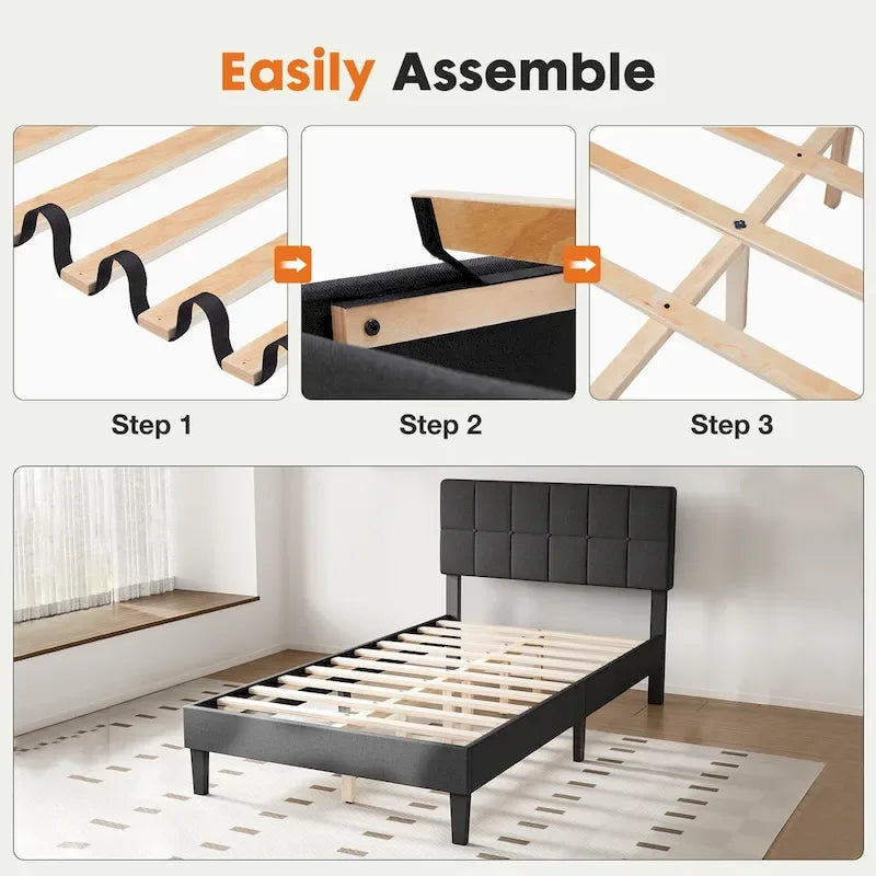 Linen Upholstered Platform Bed with Adjustable Headboard and Wooden Slats