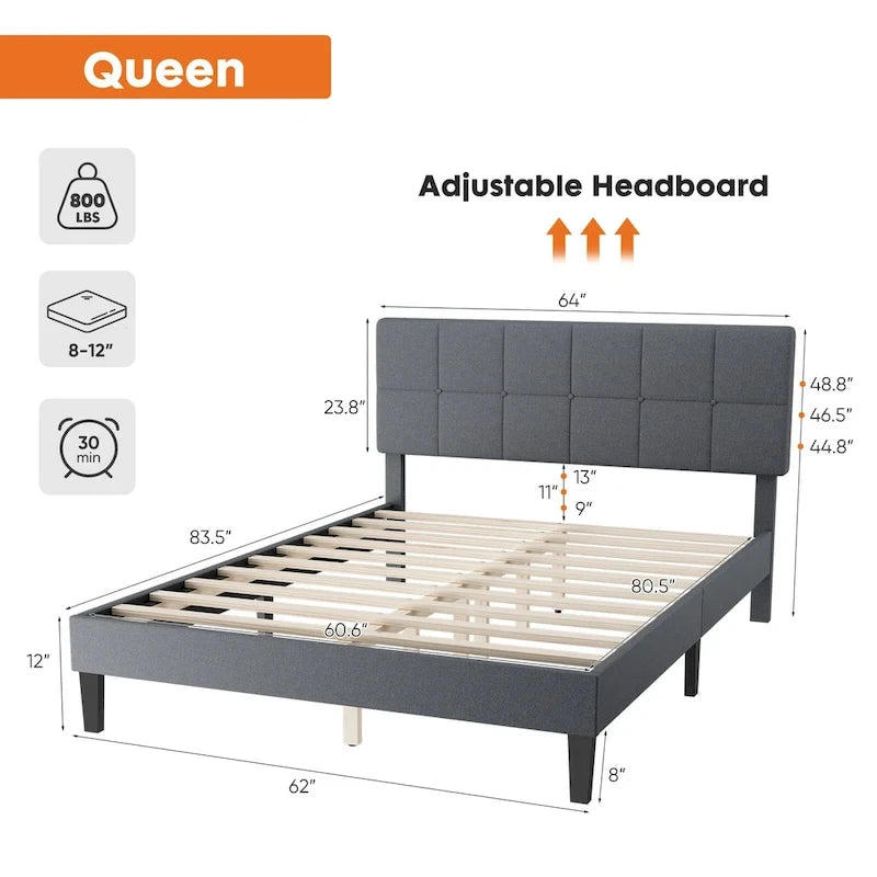 Linen Upholstered Platform Bed with Adjustable Headboard and Wooden Slats