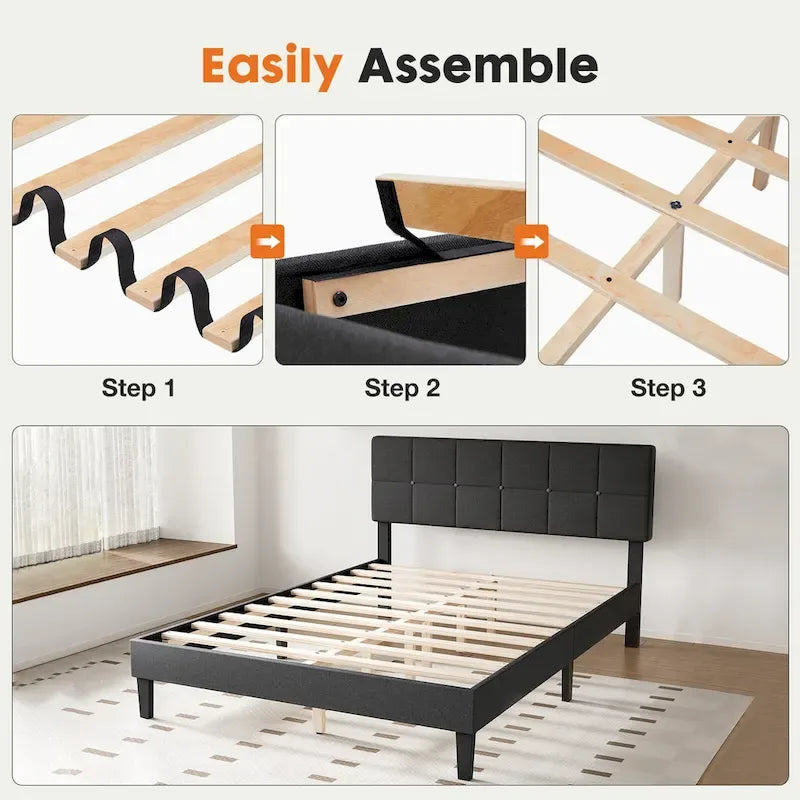 Linen Upholstered Platform Bed with Adjustable Headboard and Wooden Slats
