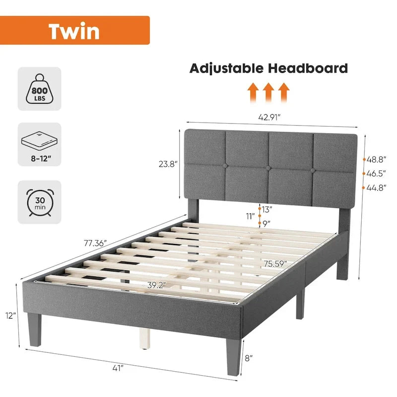 Linen Upholstered Platform Bed with Adjustable Headboard and Wooden Slats