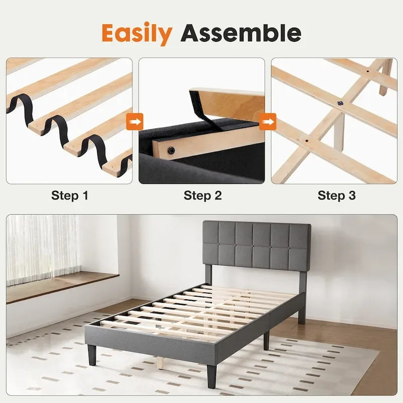 Linen Upholstered Platform Bed with Adjustable Headboard and Wooden Slats