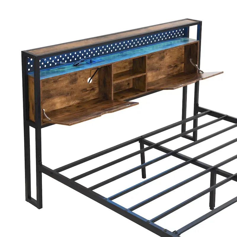 Black Brown King Size Metal Bed with Wooden Headboard and LED Lights