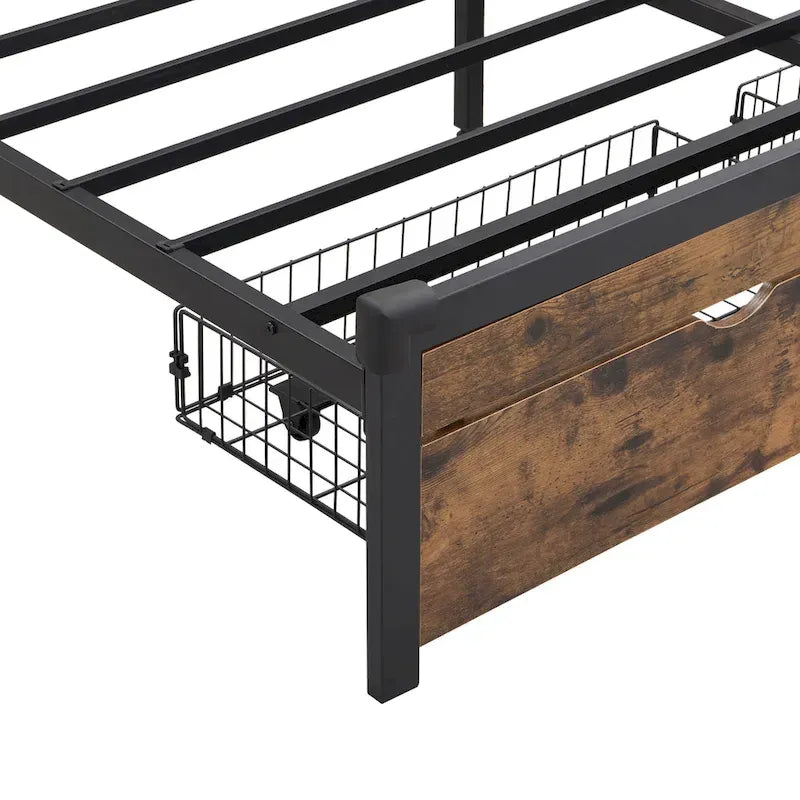 Black Brown King Size Metal Bed with Wooden Headboard and LED Lights