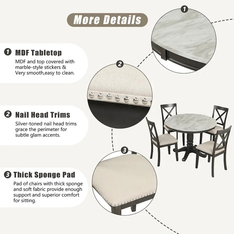 Modern Style Wooden 5-Piece Dining Set with Round Table amd 4 Upholstered Chairs