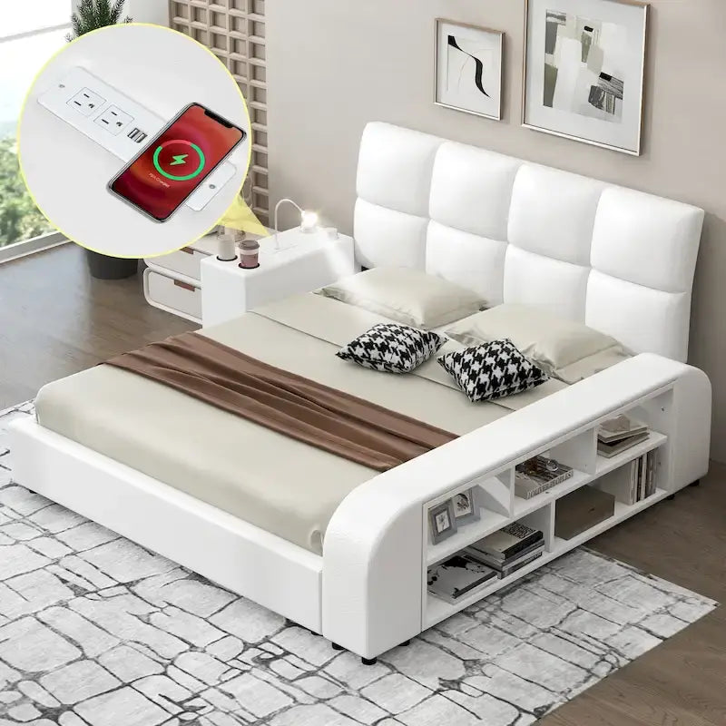 Queen Size PU Leather Platform Bed Frame with Multimedia Nightstand