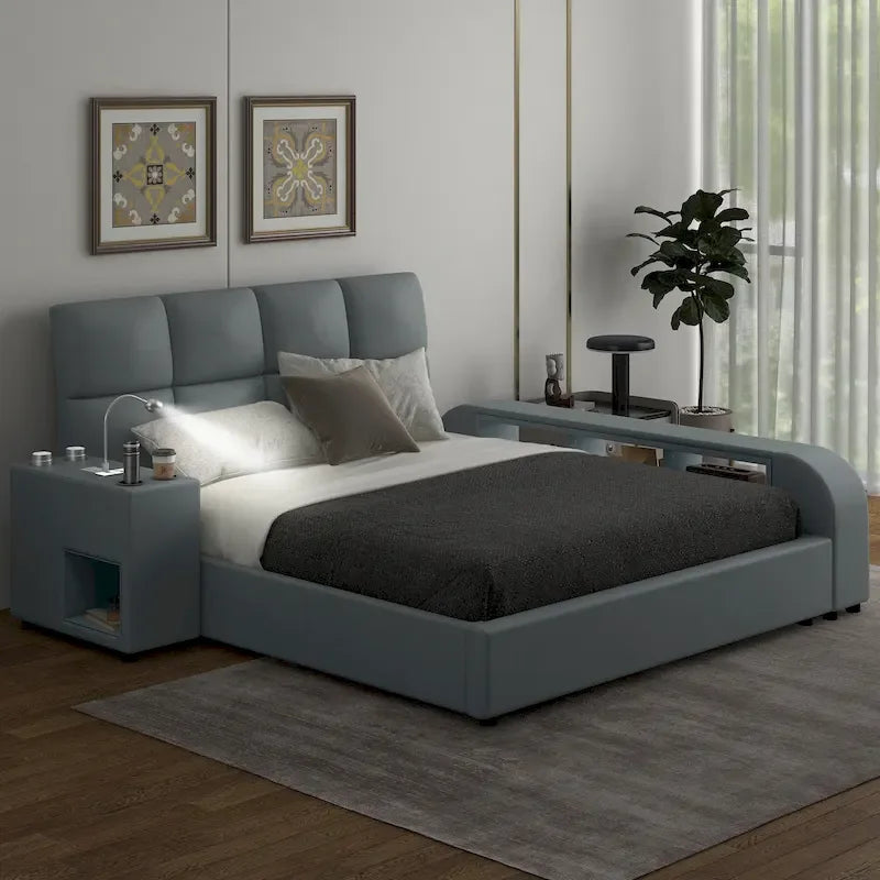 Queen Size PU Leather Platform Bed Frame with Multimedia Nightstand