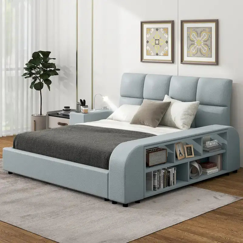 Queen Size PU Leather Platform Bed Frame with Multimedia Nightstand