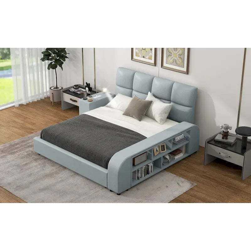 Queen Size PU Leather Platform Bed Frame with Multimedia Nightstand